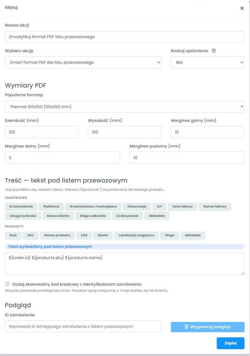 Edytor formatu PDF listu przewozowego, ze zmiennymi dla zamówienia i produktów