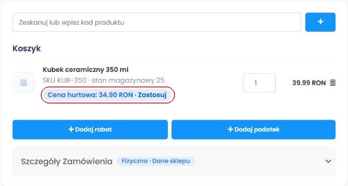 Wybór innej ceny przy tworzeniu zamówienia w sklepie stacjonarnym