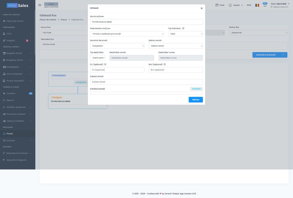 Actiunea Trimite notificare prin email, in Fluxuri