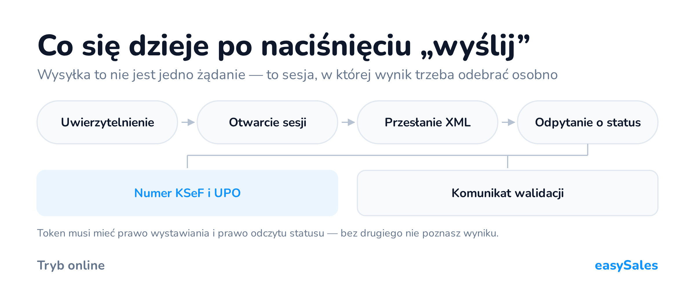 Kliknij, aby powiększyć Co się dzieje po naciśnięciu „wyślij”. Wysyłka to nie jest jedno żądanie — to sesja, w której wynik trzeba odebrać osobno. Token musi mieć prawo wystawiania i prawo odczytu statusu — bez drugiego nie poznasz wyniku.