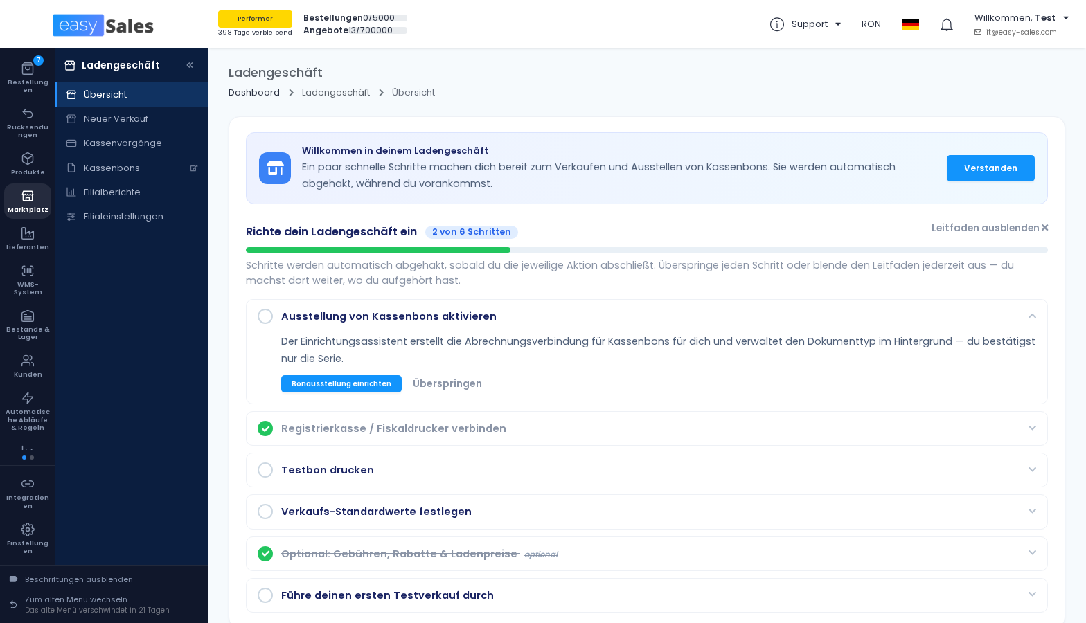 Zum Vergrößern klicken Der Bereich Ladengeschäft im easySales-Menü, mit Übersicht, Verkaufsbildschirm, Kassenvorgängen, Kassenbons, Filialberichten und Filialeinstellungen