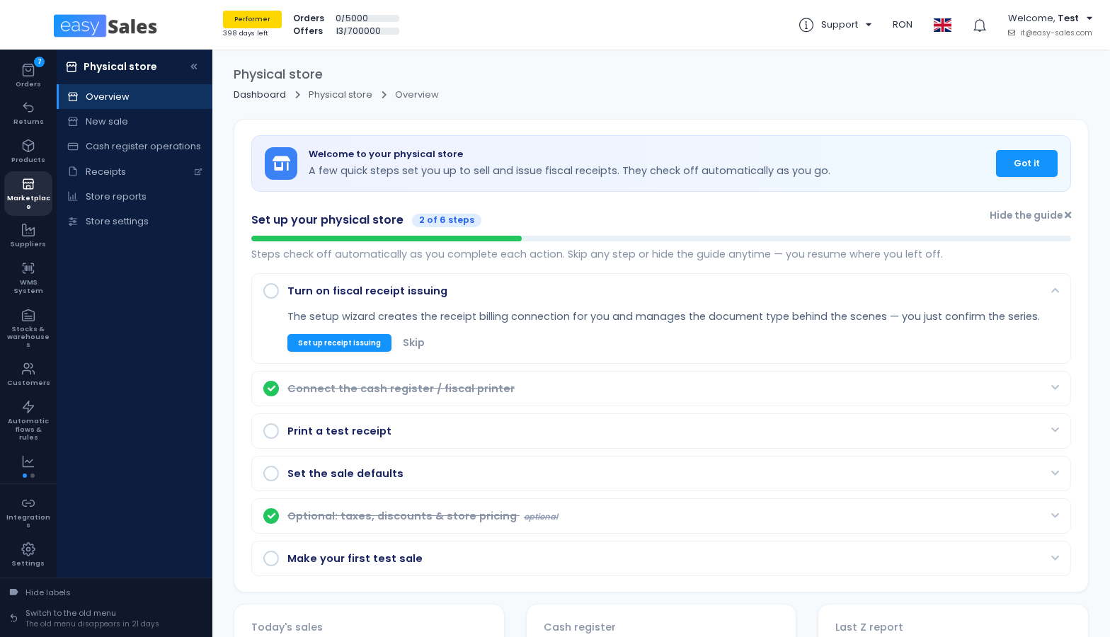 Click to enlarge The Physical store section in the easySales menu, with its overview, sale screen, cash register operations, receipts, store reports and store settings
