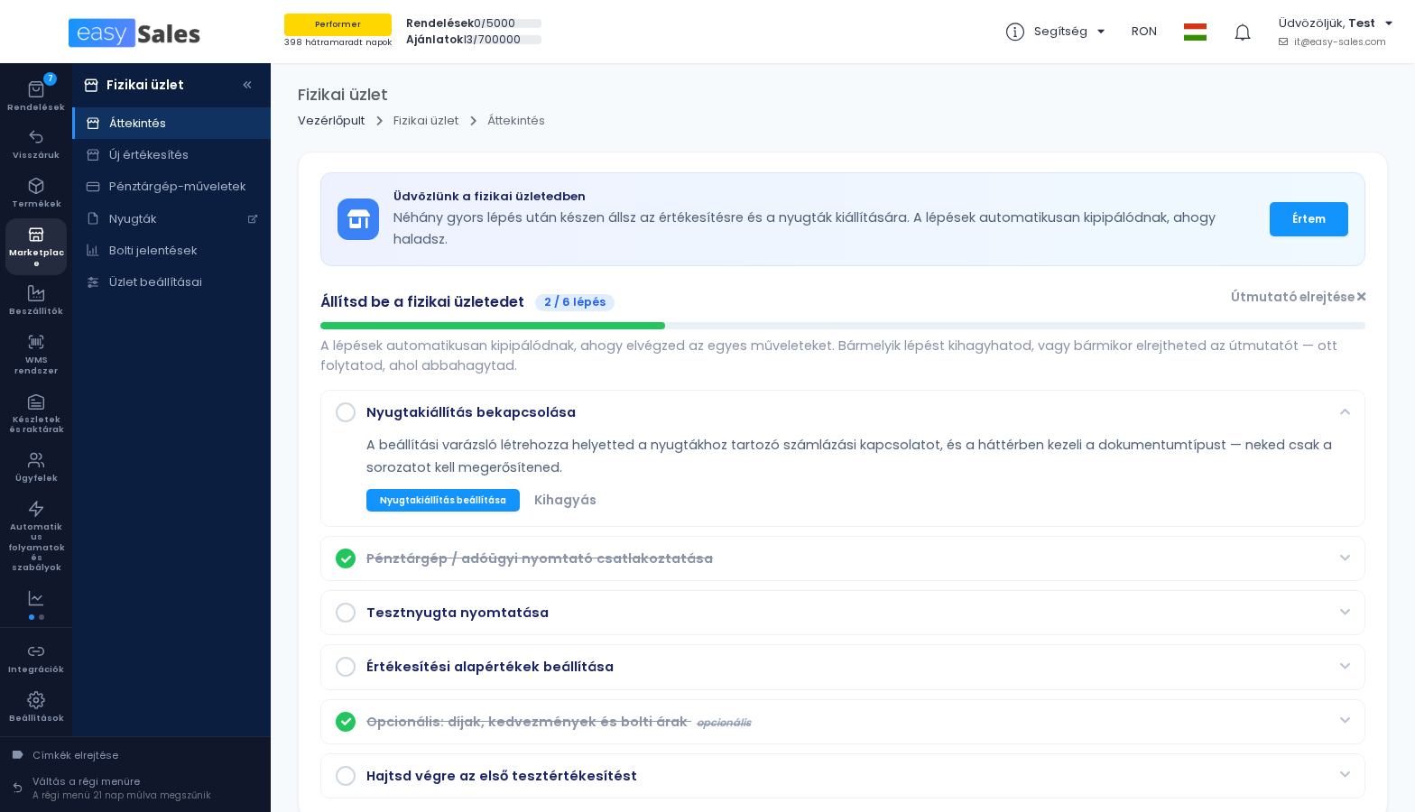 Kattints a nagyításhoz A Fizikai uzlet szekcio az easySales menuben, attekintessel, ertekesitesi kepernyovel, penztargep-muveletekkel, nyugtakkal, jelentesekkel es beallitasokkal