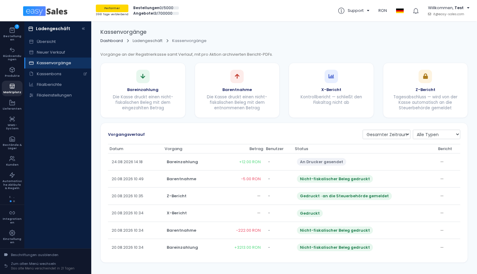Zum Vergrößern klicken Kassenvorgänge in easySales: Bareinzahlung, Barentnahme, X-Bericht und Z-Bericht, darunter der Vorgangsverlauf
