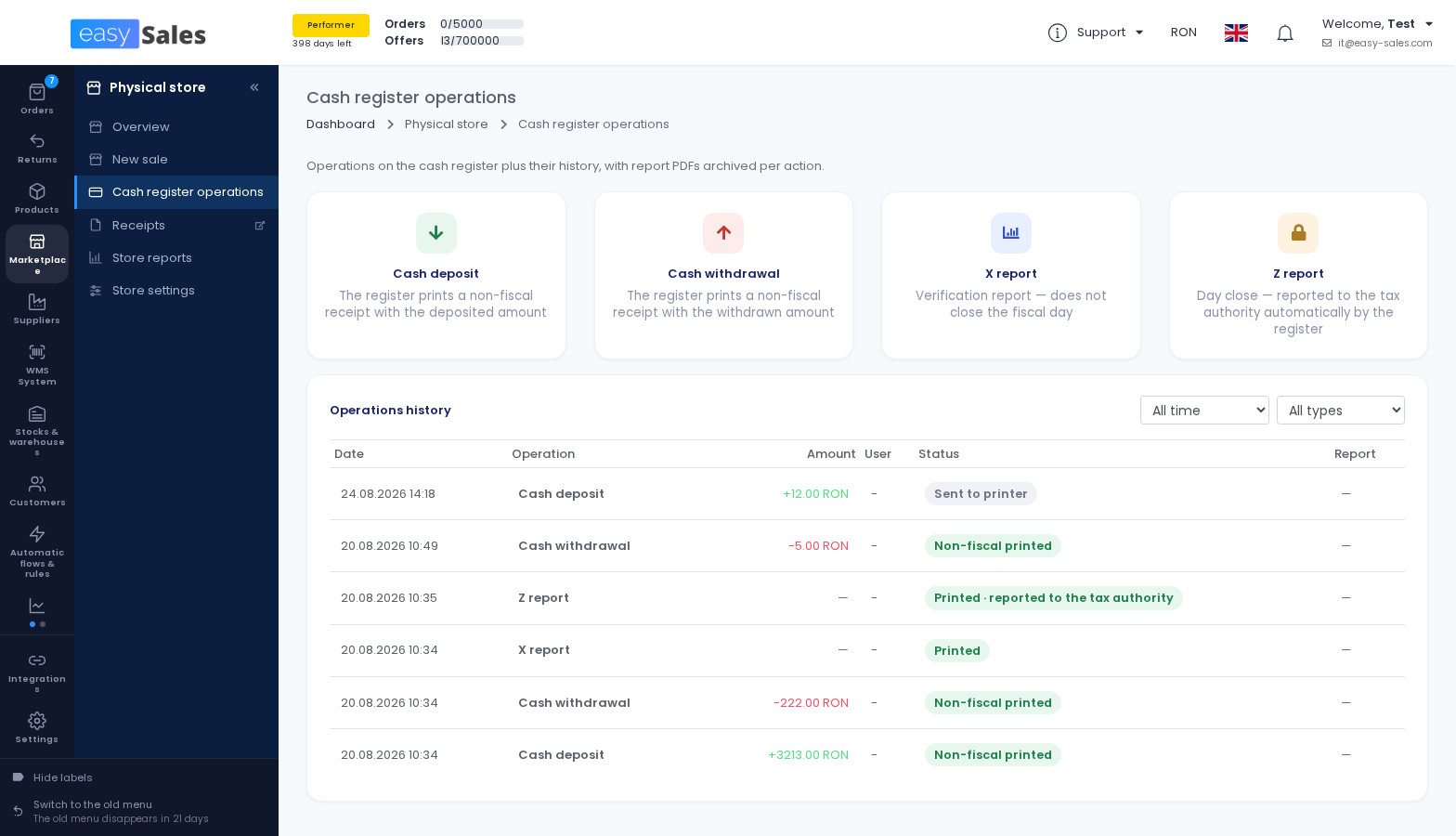 Click to enlarge Cash register operations in easySales: cash deposit, cash withdrawal, X report and Z report, with the operations history below