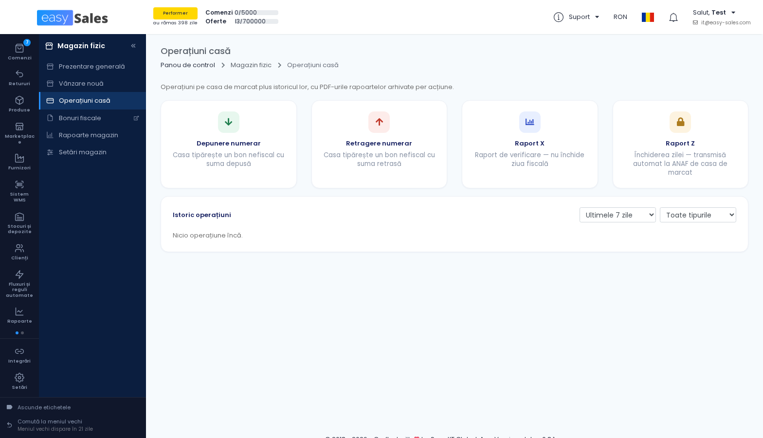 Click pentru mărire Operatiuni de casa in easySales: depunere numerar, retragere numerar, raport X si raport Z, cu istoricul operatiunilor dedesubt