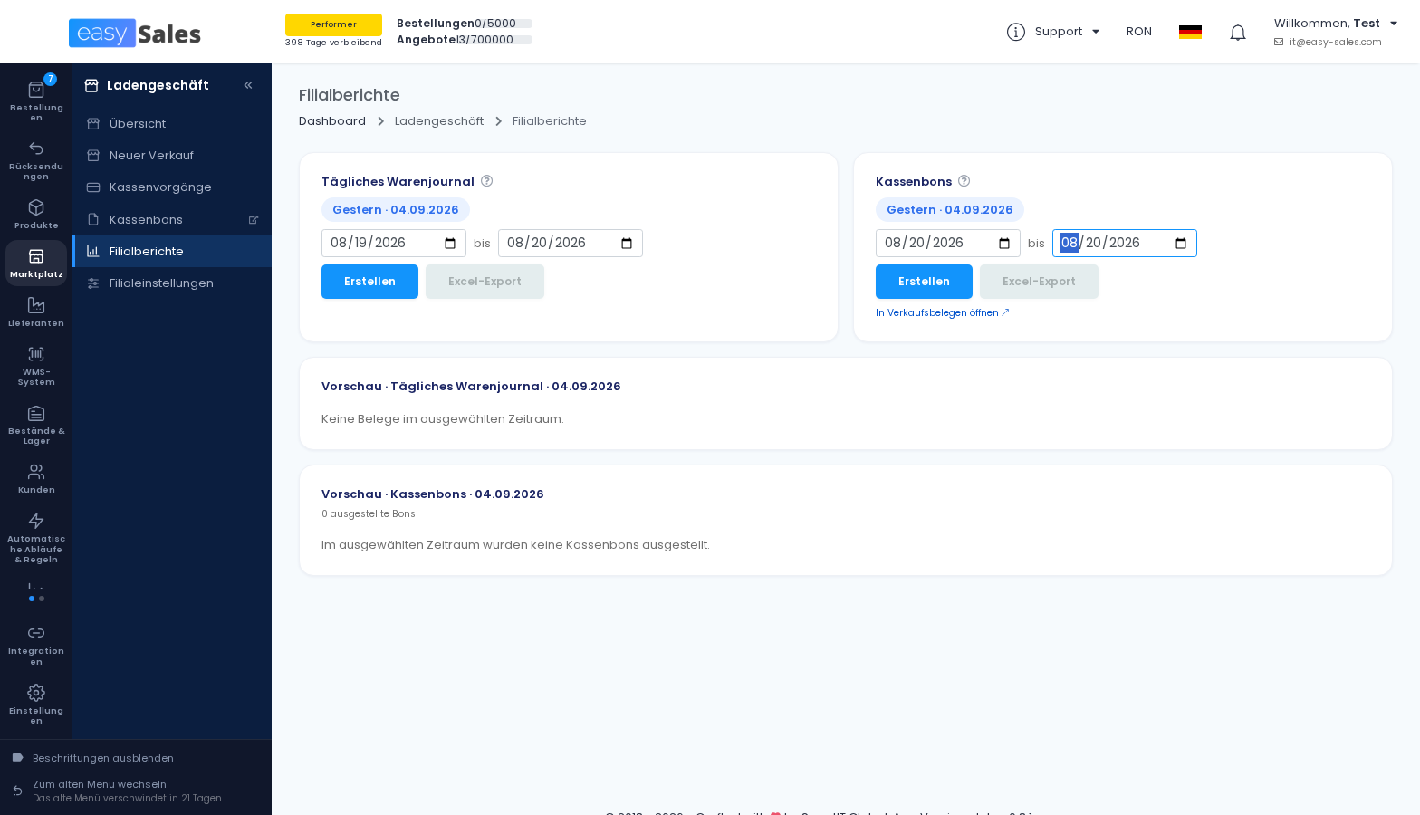 Zum Vergrößern klicken Das tägliche Warenjournal in easySales, mit Anfangsbestand, jedem Beleg und den Tagessummen für Zugang, Abgang und Saldo
