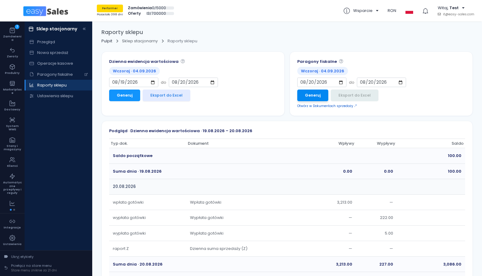 Kliknij, aby powiększyć Dzienna ewidencja wartościowa w easySales, z saldem początkowym, każdym dokumentem i sumami dnia dla wpływów, wypływów i salda
