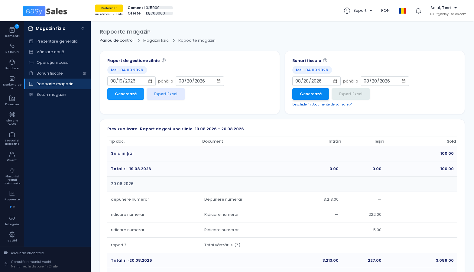 Click pentru mărire Raportul de gestiune zilnic in easySales, cu soldul initial, fiecare document si totalurile zilei pentru intrari, iesiri si sold