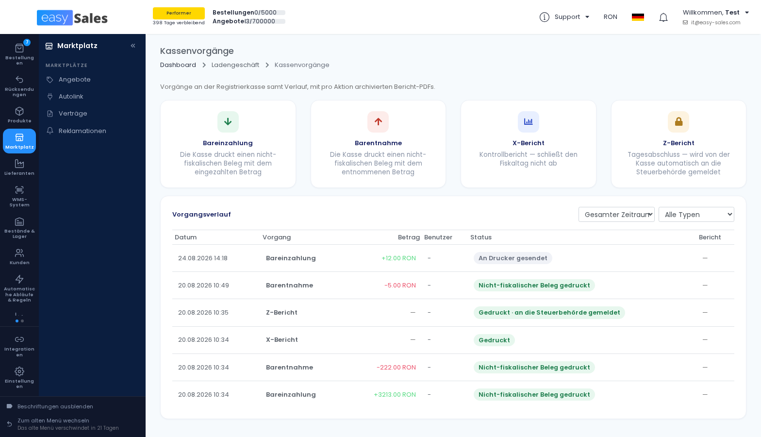 Zum Vergrößern klicken Das neu gestaltete easySales-Menü: eine Leiste mit Bereichen links und daneben ein Panel mit den Seiten des gewählten Bereichs