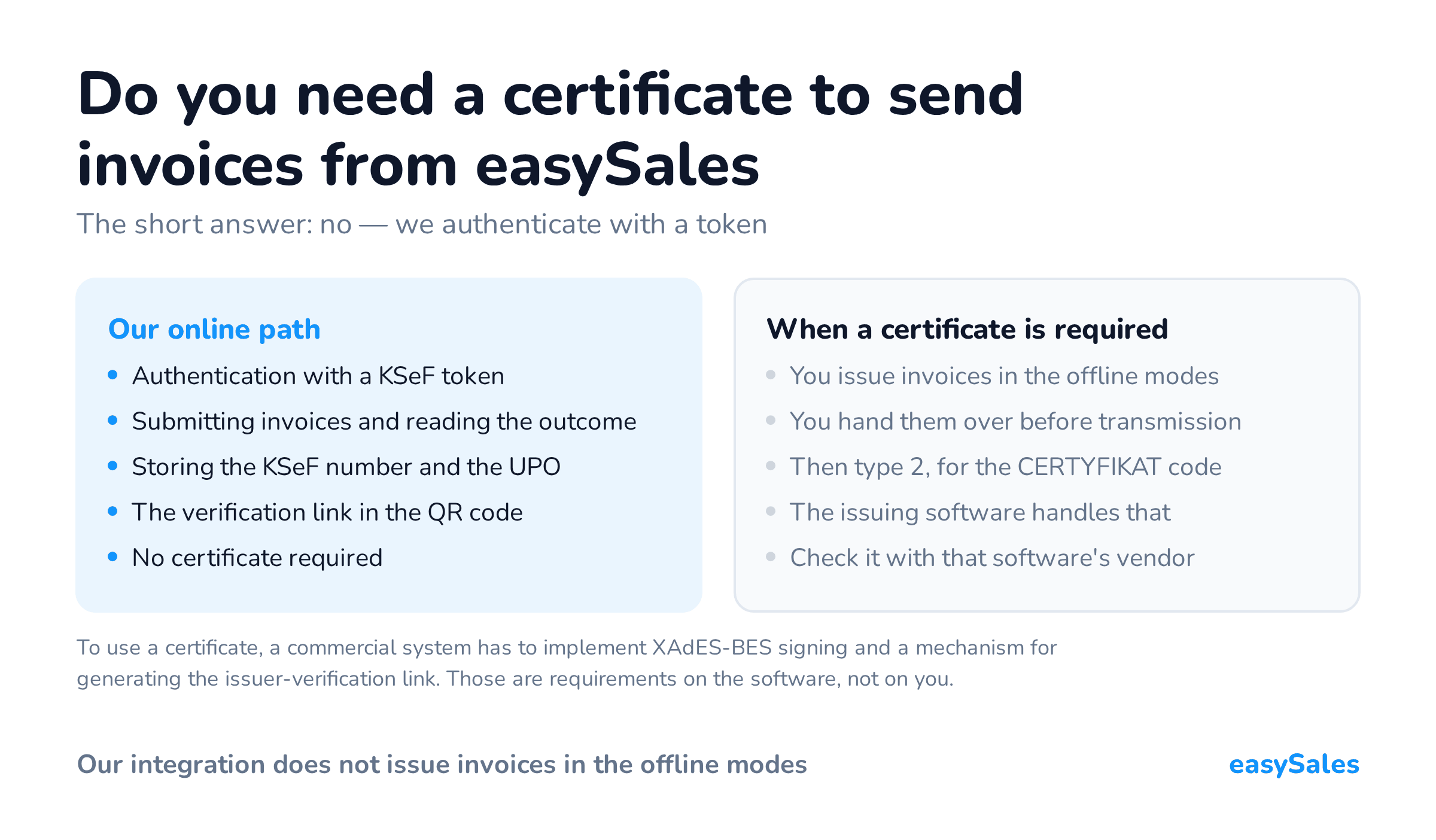 Do you need a certificate to send invoices from easySales. The short answer: no — we authenticate with a token. To use a certificate, a commercial system has to implement XAdES-BES signing and a mechanism for generating the issuer-verification link. Those are requirements on the software, not on you.