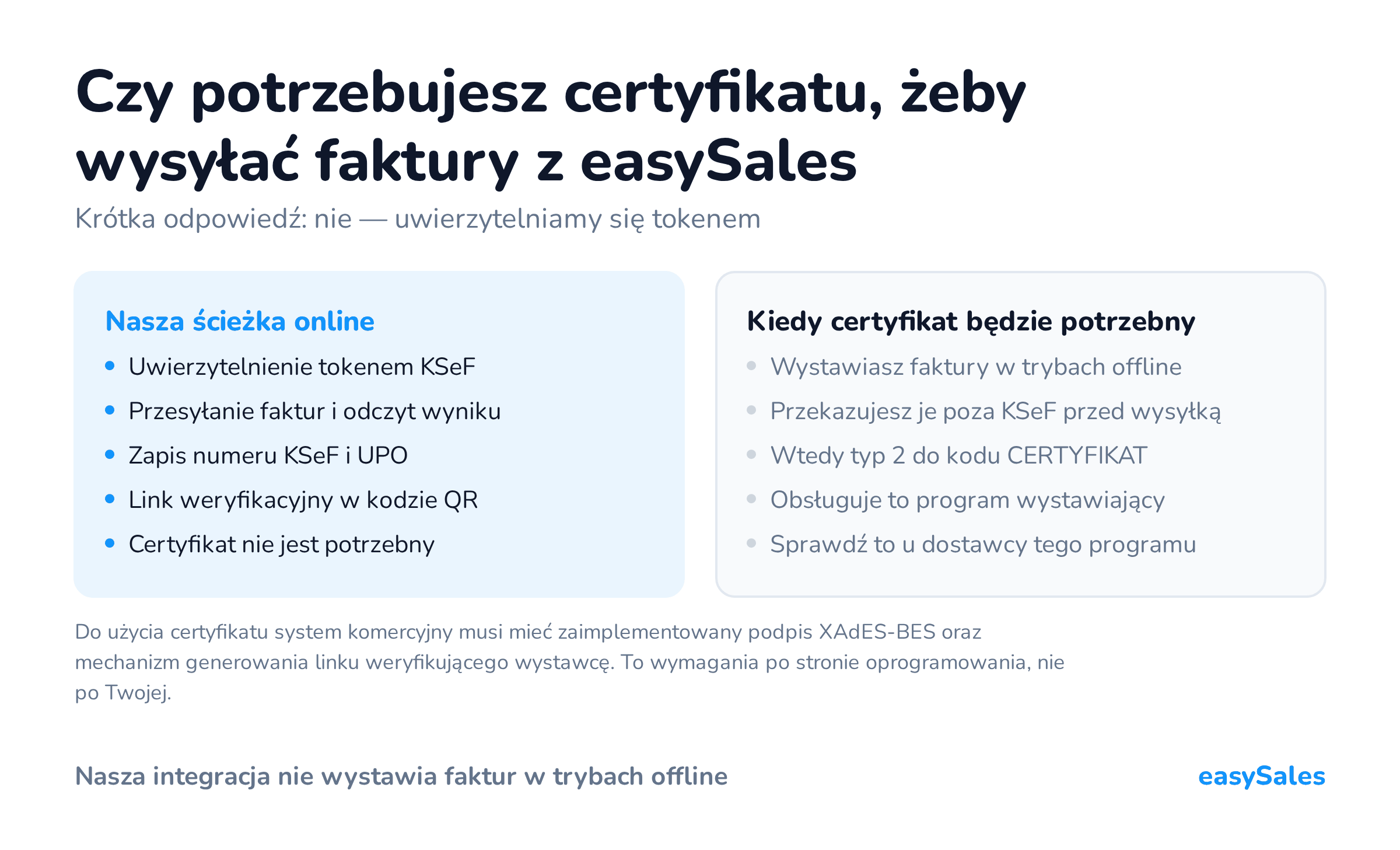 Kliknij, aby powiększyć Czy potrzebujesz certyfikatu, żeby wysyłać faktury z easySales. Krótka odpowiedź: nie — uwierzytelniamy się tokenem. Do użycia certyfikatu system komercyjny musi mieć zaimplementowany podpis XAdES-BES oraz mechanizm generowania linku weryfikującego wystawcę. To wymagania po stronie oprogramowania, nie po Twojej.