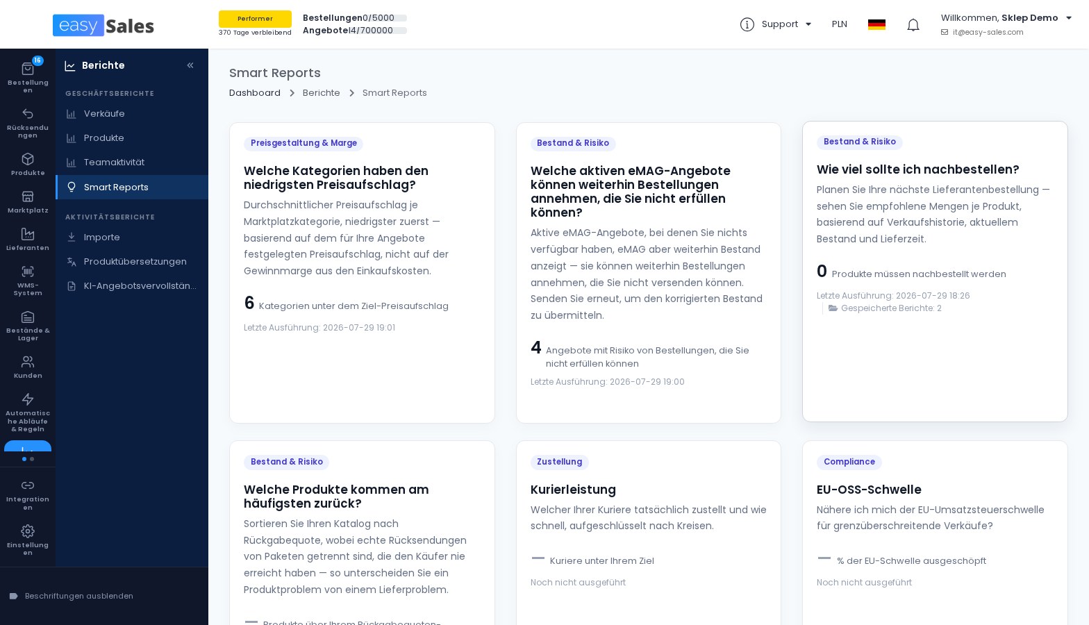 Der Smart-Reports-Katalog in easySales mit den neuen Berichten zu Rücksendungen, Kurierleistung und EU-OSS-Schwelle