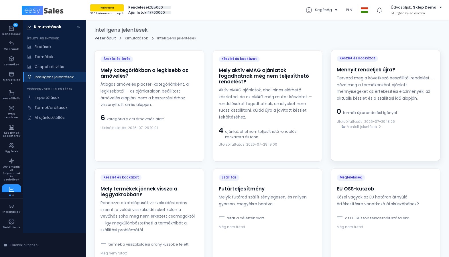 Az intelligens jelentesek katalogusa az easySalesben, az uj visszaru-, futarteljesitmeny- es EU OSS-kuszob jelentesekkel