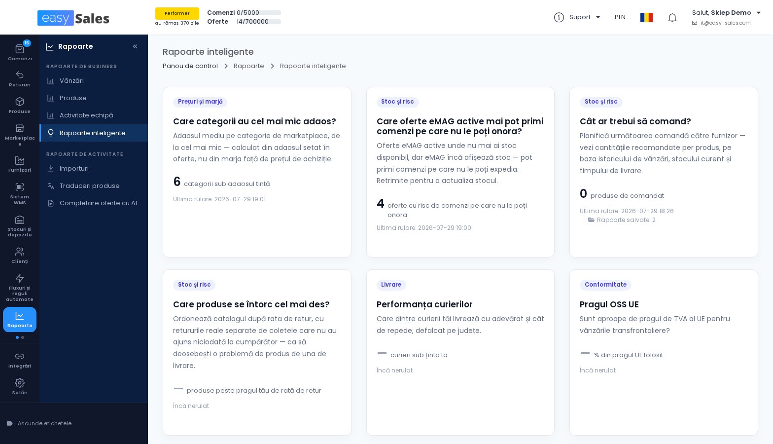 Click pentru mărire Catalogul de rapoarte inteligente din easySales, cu noile rapoarte despre retururi, performanta curierilor si pragul OSS UE