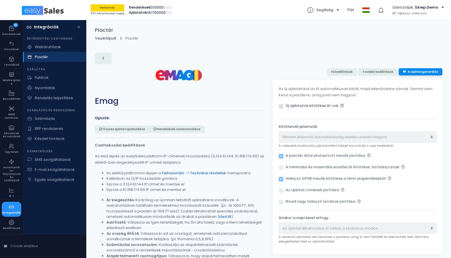 Az AI ajanlatgeneralas fule egy eMAG kapcsolaton az easySalesben