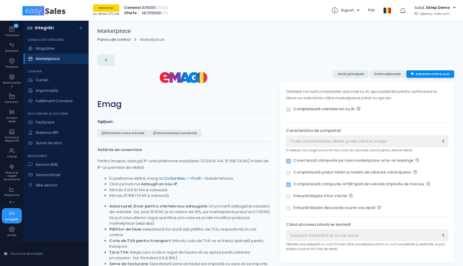 Click pentru mărire Tabul de generare oferte cu AI pe o conexiune eMAG in easySales