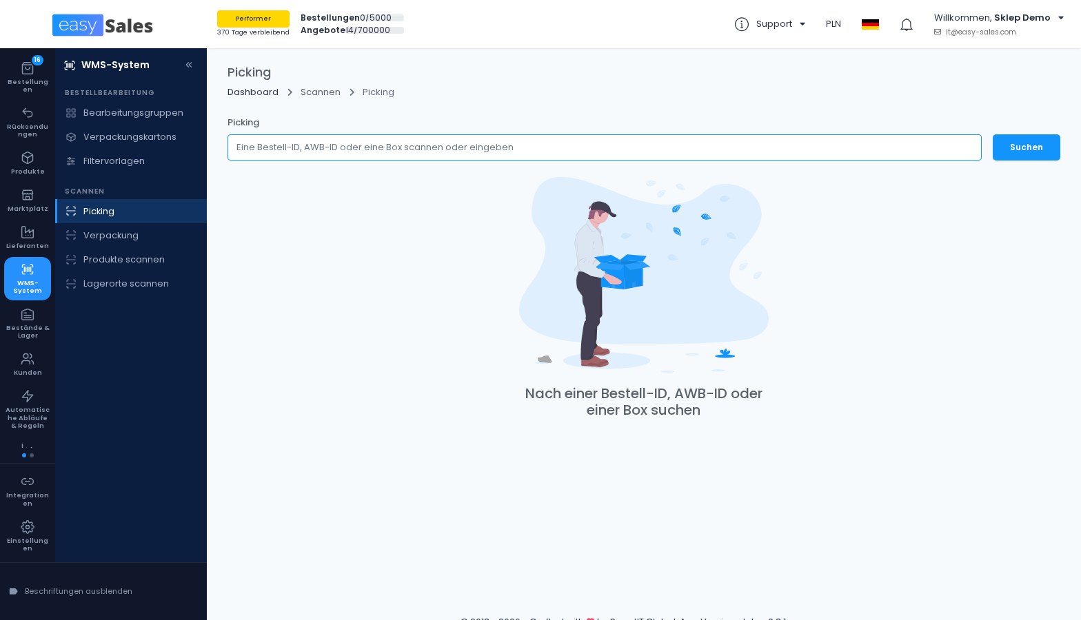 Die Picking-Seite in easySales, auf der du eine Bestell-ID, ein AWB oder eine Box scannst, um zu starten