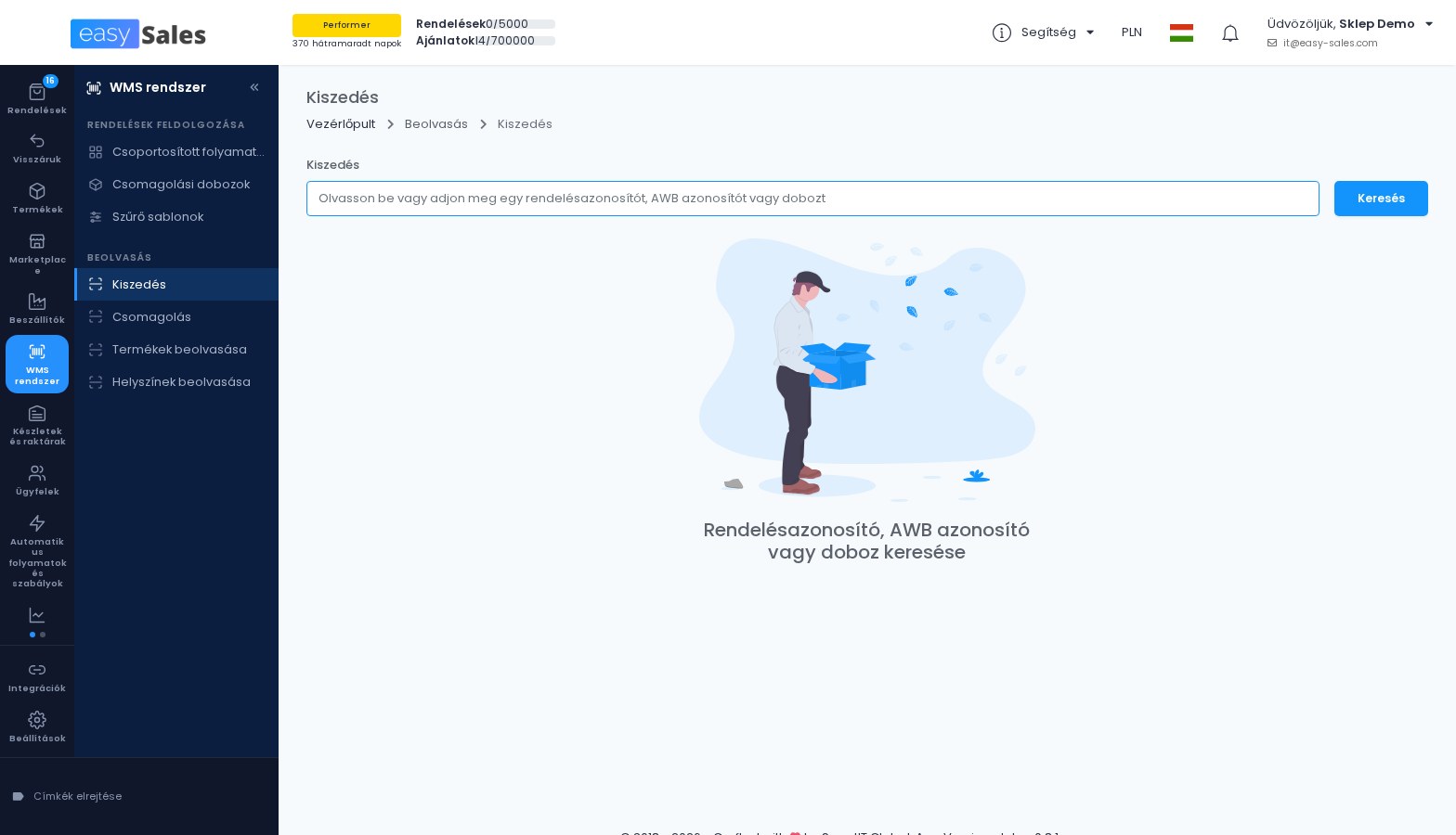 A kiszedes oldal az easySalesben, ahol egy rendelesazonosito, AWB vagy doboz beolvasasaval indul a kiszedes