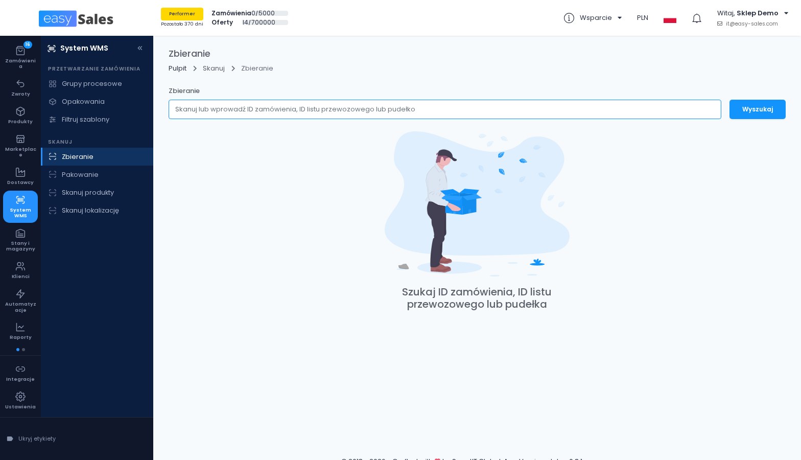 Kliknij, aby powiększyć Strona zbierania w easySales, na której skanujesz ID zamówienia, list przewozowy lub pojemnik, aby zacząć