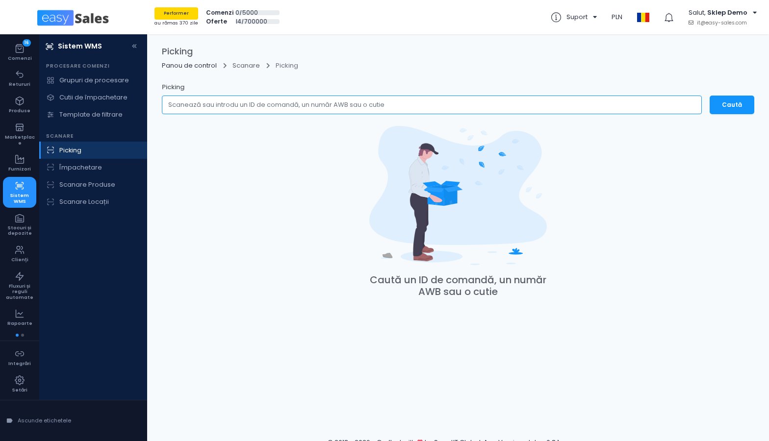 Click pentru mărire Pagina de picking din easySales, unde scanezi un ID de comanda, un AWB sau o cutie ca sa incepi