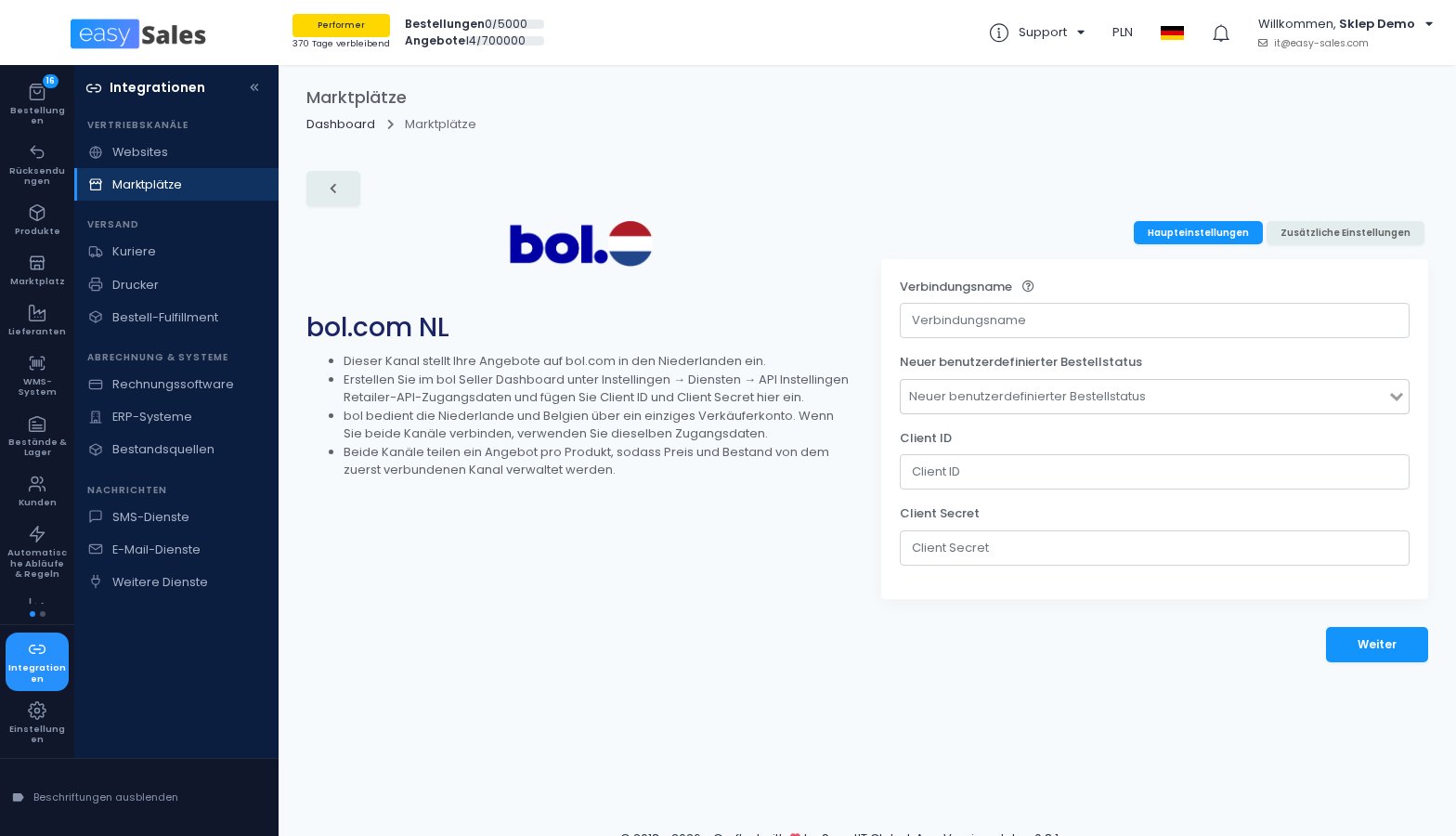 Das Verbindungsformular für bol.com in easySales