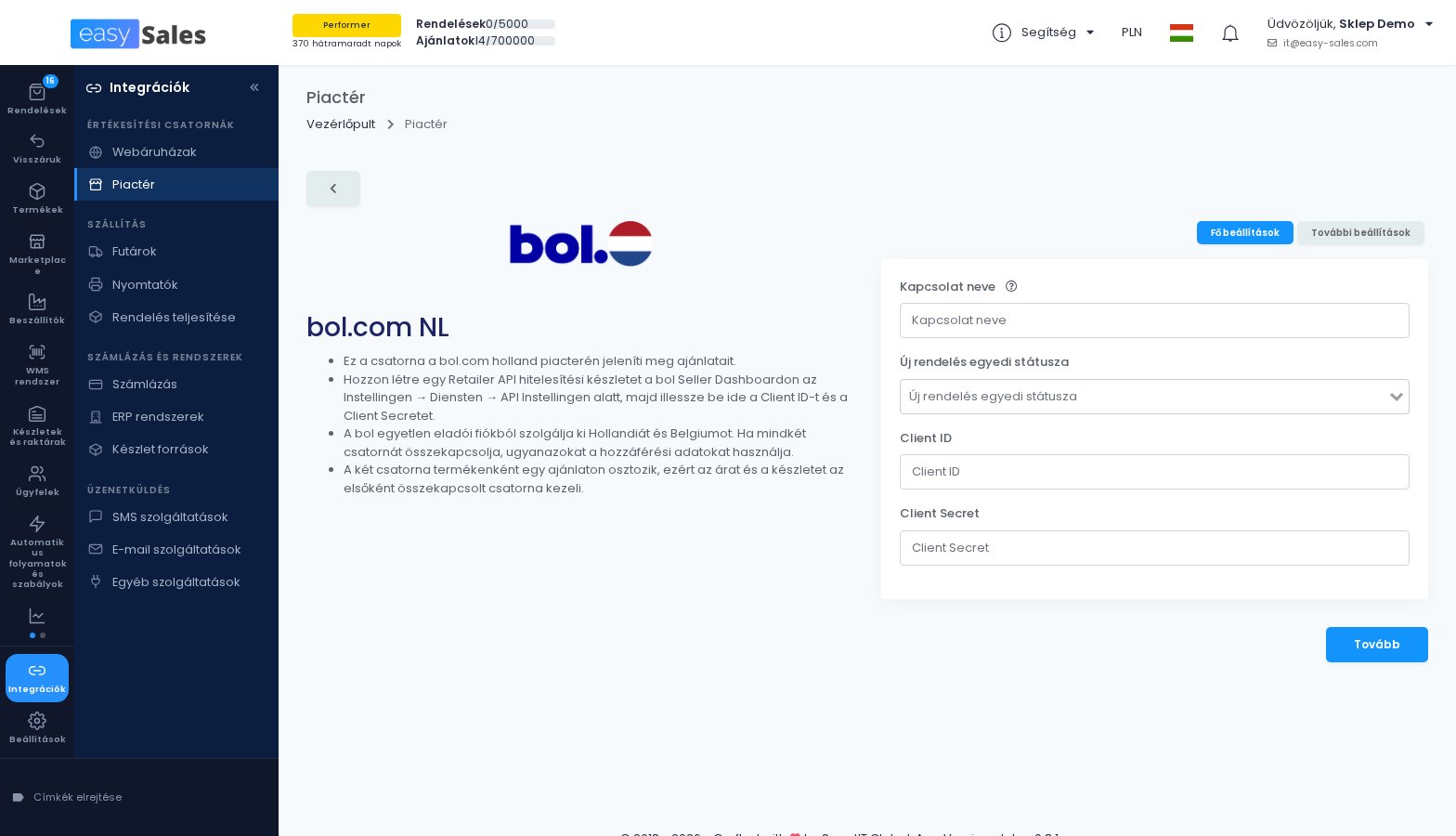 A bol.com kapcsolati urlapja az easySalesben