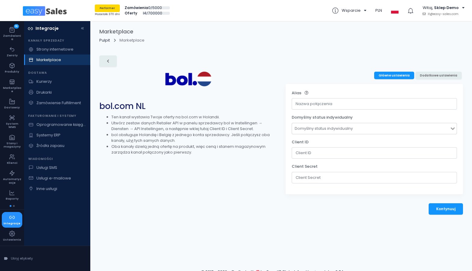 Kliknij, aby powiększyć Formularz połączenia z bol.com w easySales