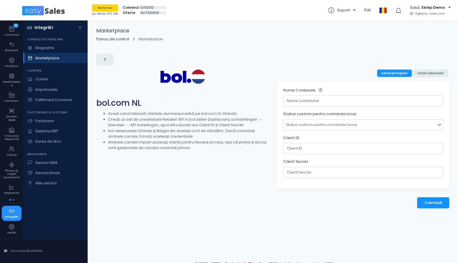 Click pentru mărire Formularul de conectare bol.com in easySales