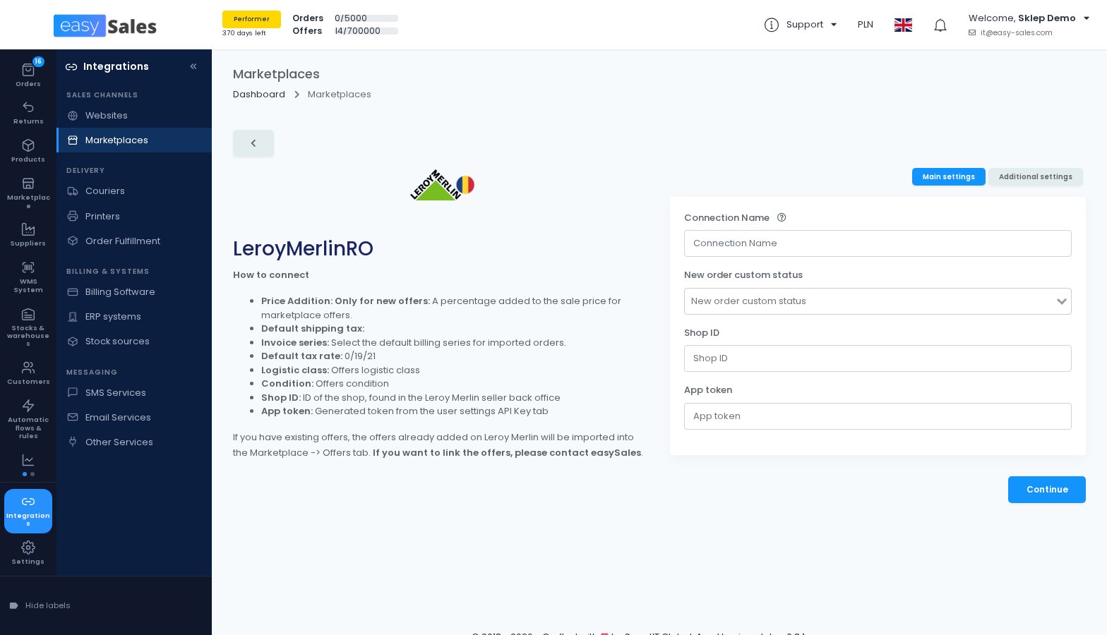 The Leroy Merlin connection form in easySales