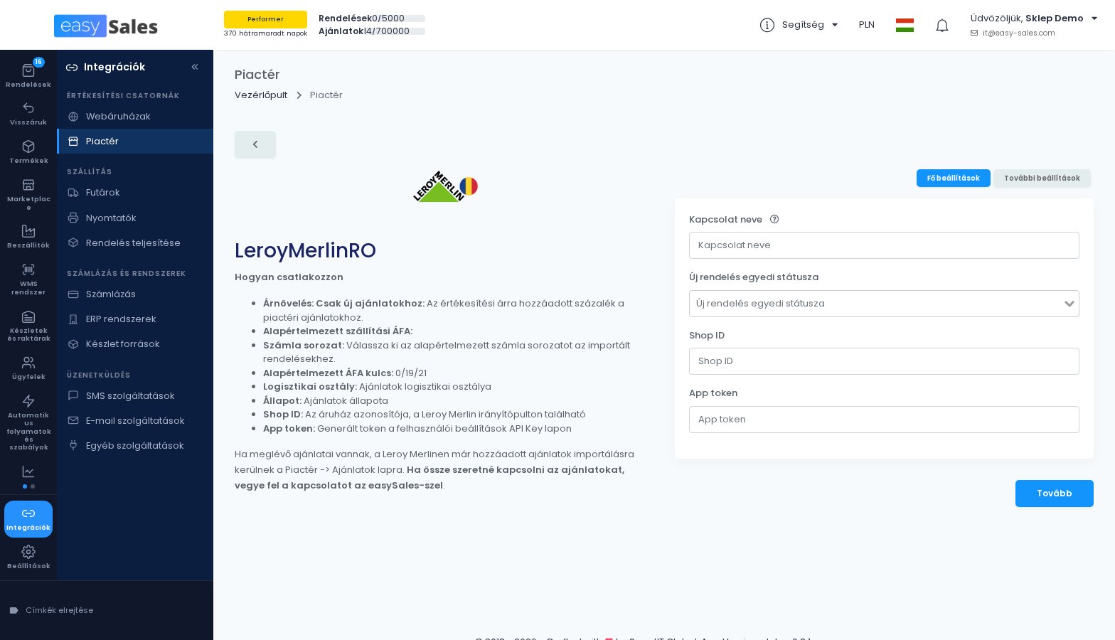 A Leroy Merlin kapcsolati urlapja az easySalesben