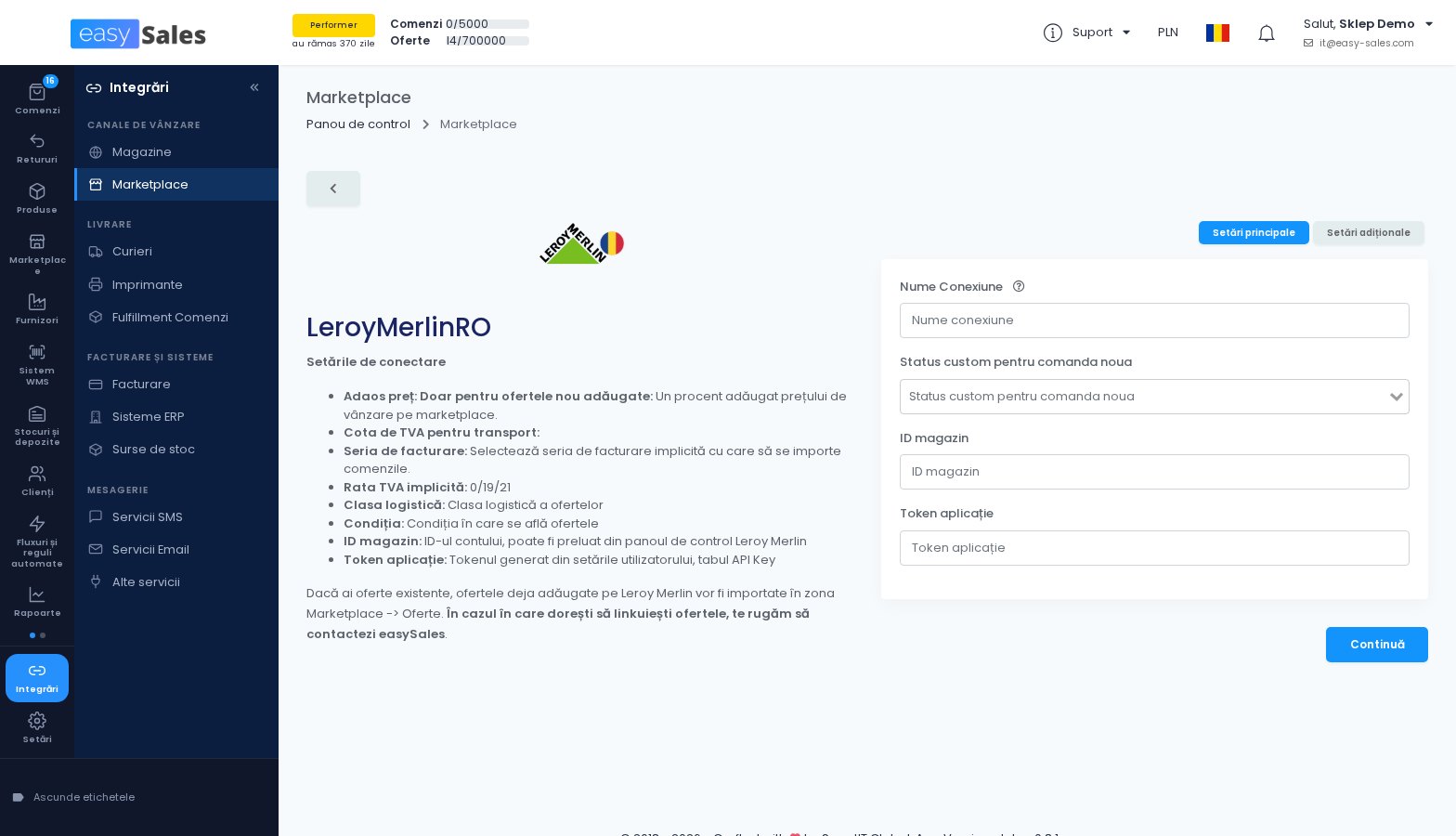 Click pentru mărire Formularul de conectare Leroy Merlin in easySales