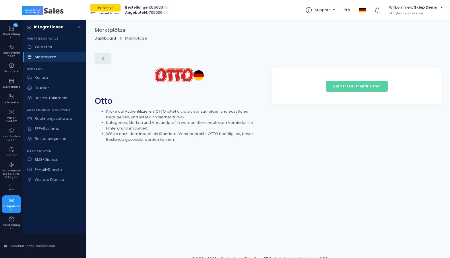 Die OTTO-Market-Verbindung mit Anmeldung über OTTO in easySales