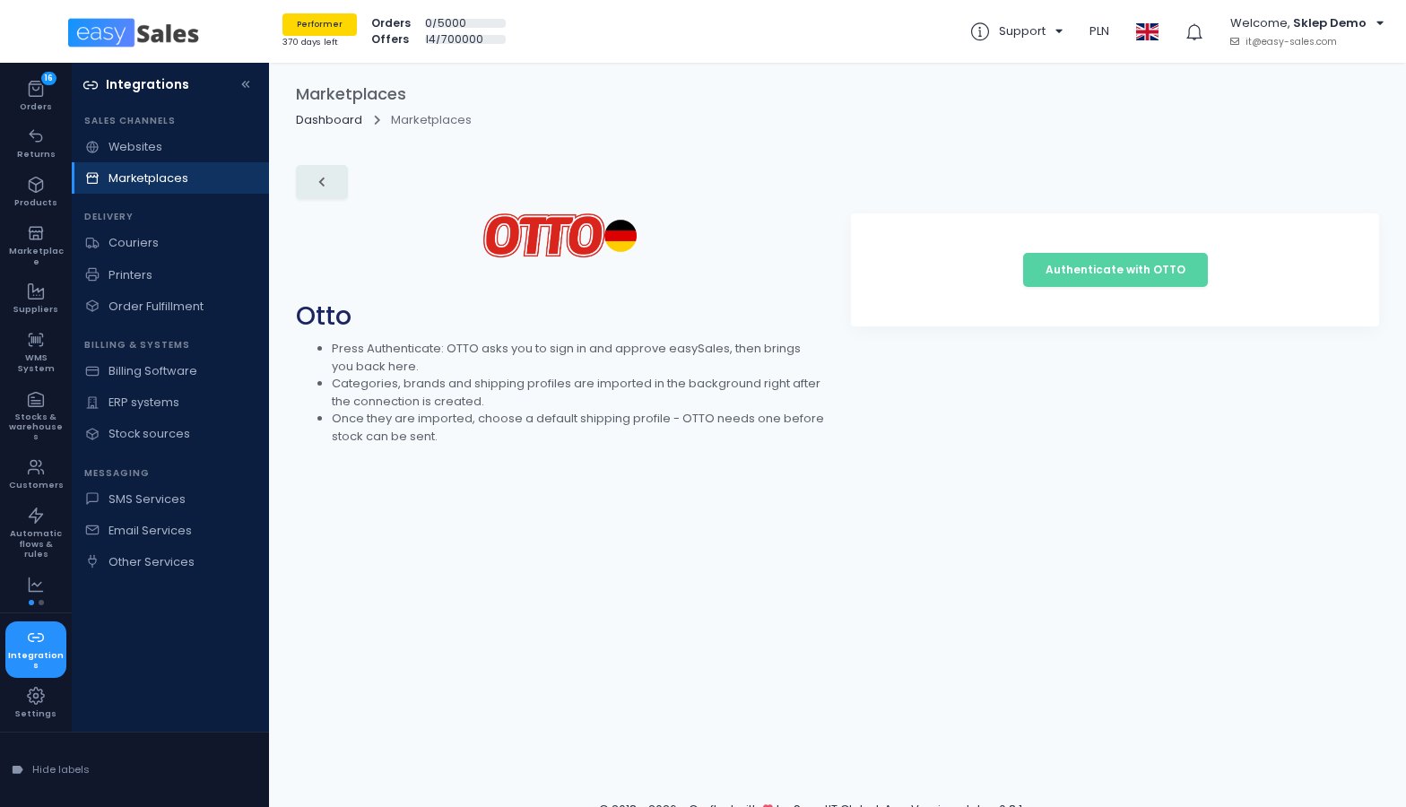 The OTTO Market connection, authenticated with OTTO in easySales