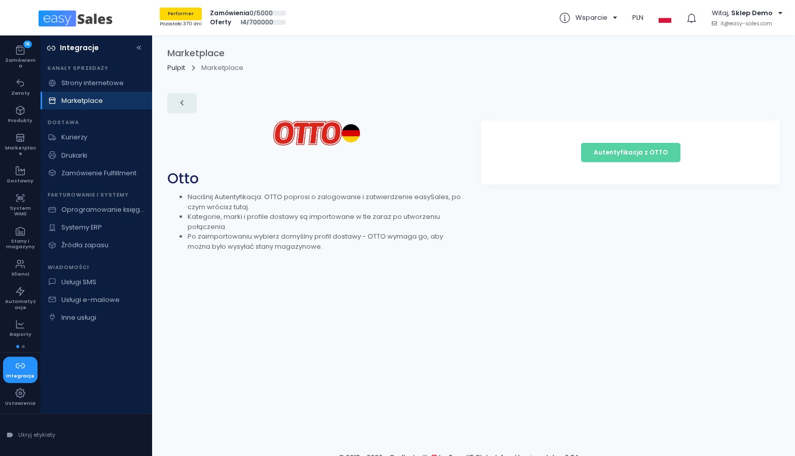 Kliknij, aby powiększyć Połączenie z OTTO Market z uwierzytelnieniem przez OTTO w easySales