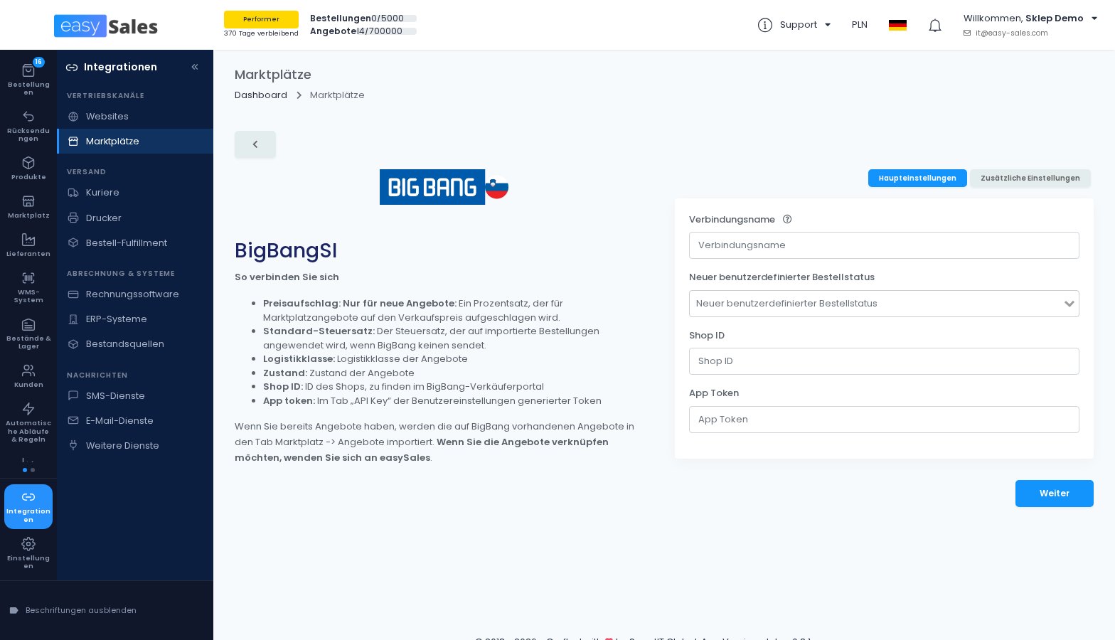 Das Verbindungsformular für BigBang in easySales