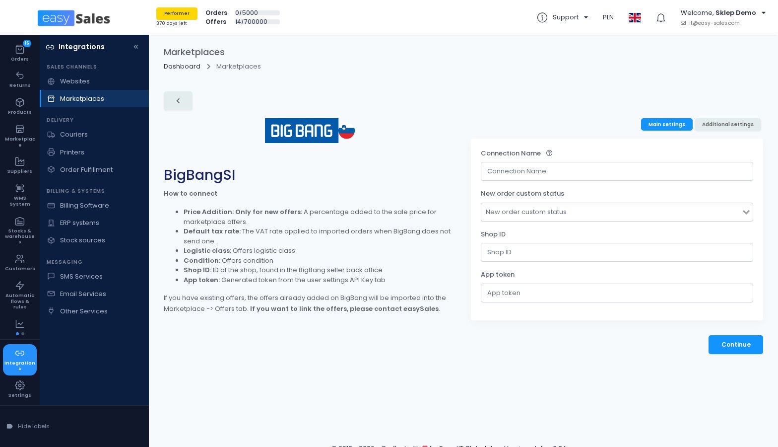 The BigBang connection form in easySales