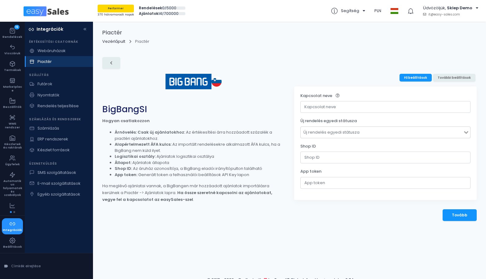 A BigBang kapcsolati urlapja az easySalesben