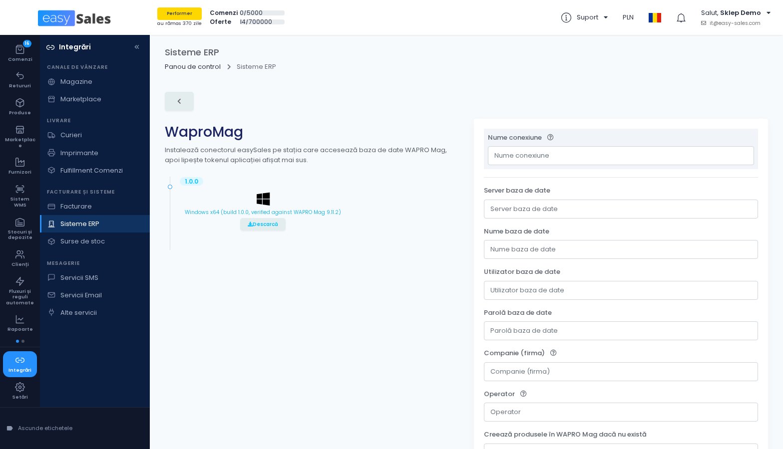 Click pentru mărire Conexiunea WAPRO Mag, cu descarcarea conectorului easySales in easySales