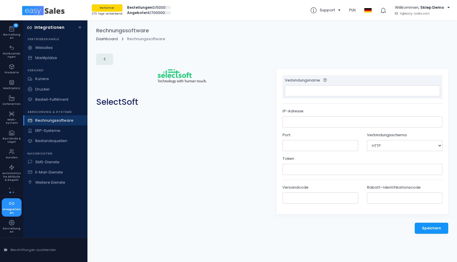 Das Verbindungsformular für SelectSoft in easySales