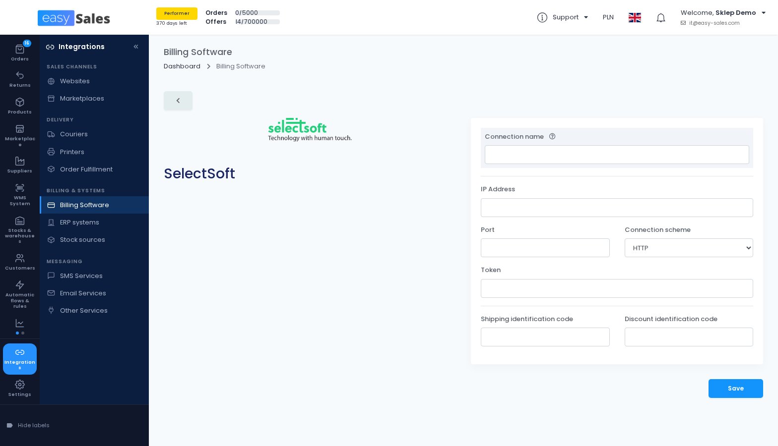 The SelectSoft connection form in easySales
