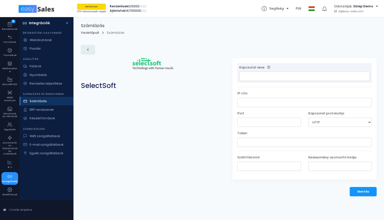 A SelectSoft kapcsolati urlapja az easySalesben