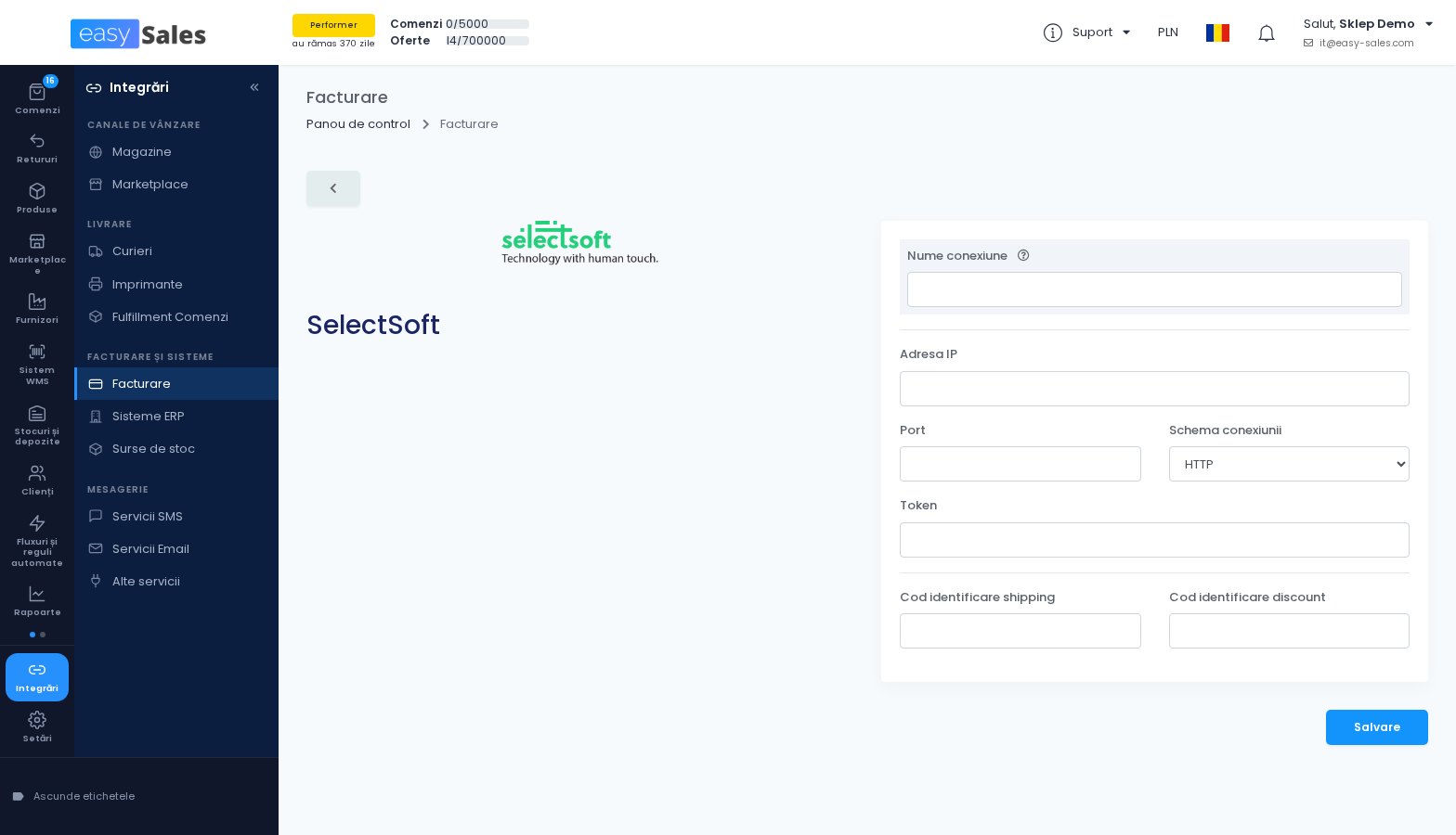 Click pentru mărire Formularul de conectare SelectSoft in easySales