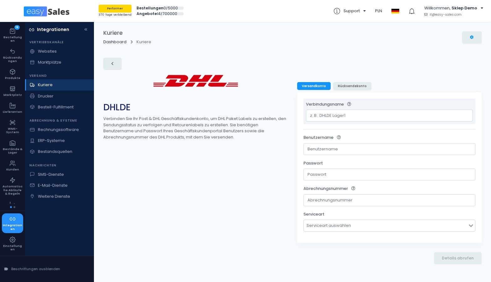 Das Verbindungsformular für den Kurier DHL Deutschland in easySales