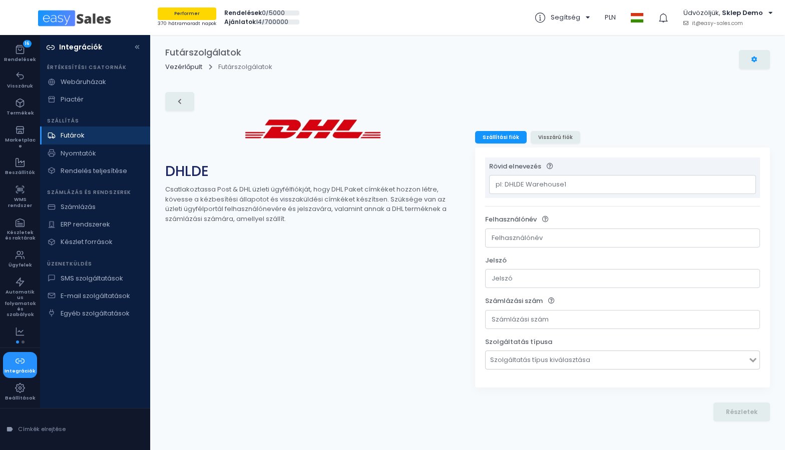 A DHL Nemetorszag futar kapcsolati urlapja az easySalesben