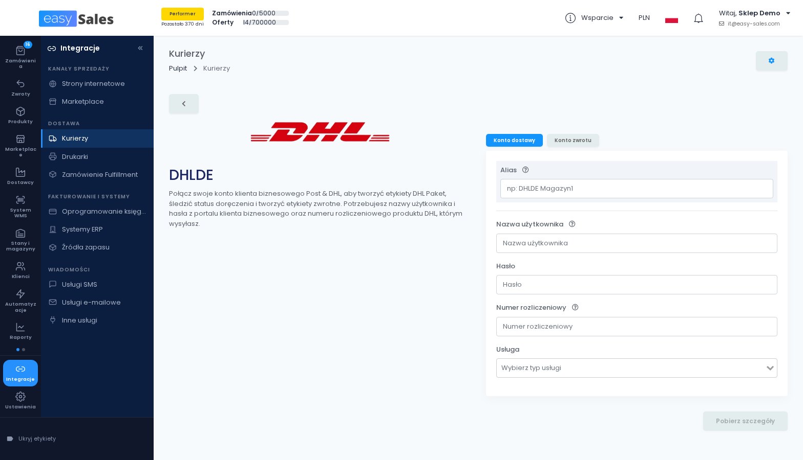 Kliknij, aby powiększyć Formularz połączenia z kurierem DHL Niemcy w easySales