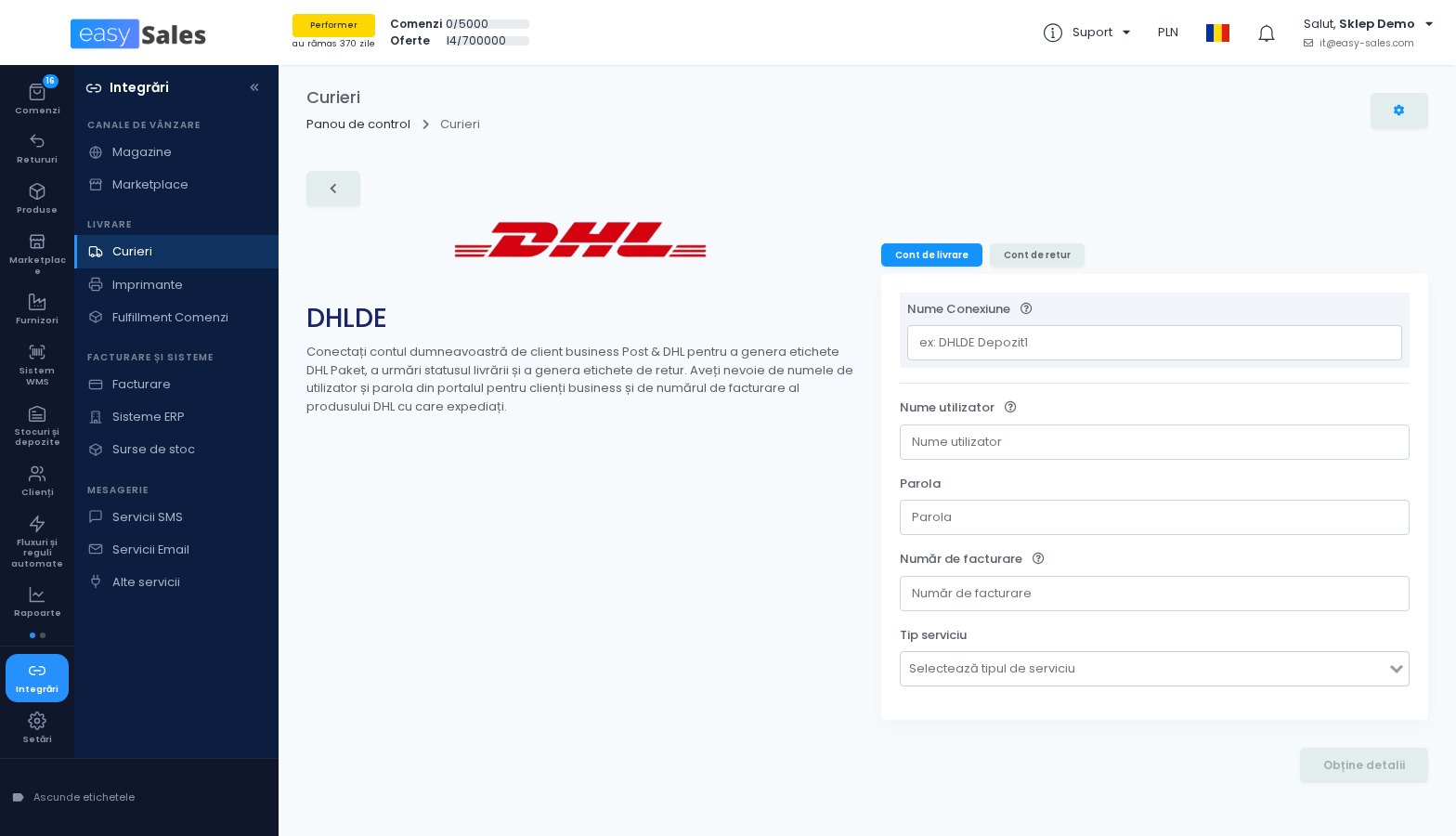 Click pentru mărire Formularul de conectare a curierului DHL Germania in easySales