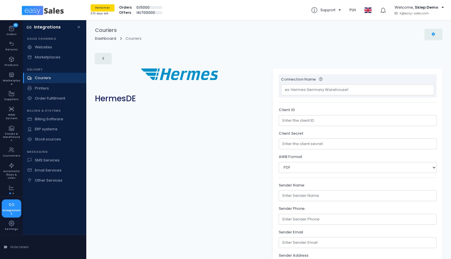 The Hermes Germany courier connection form in easySales