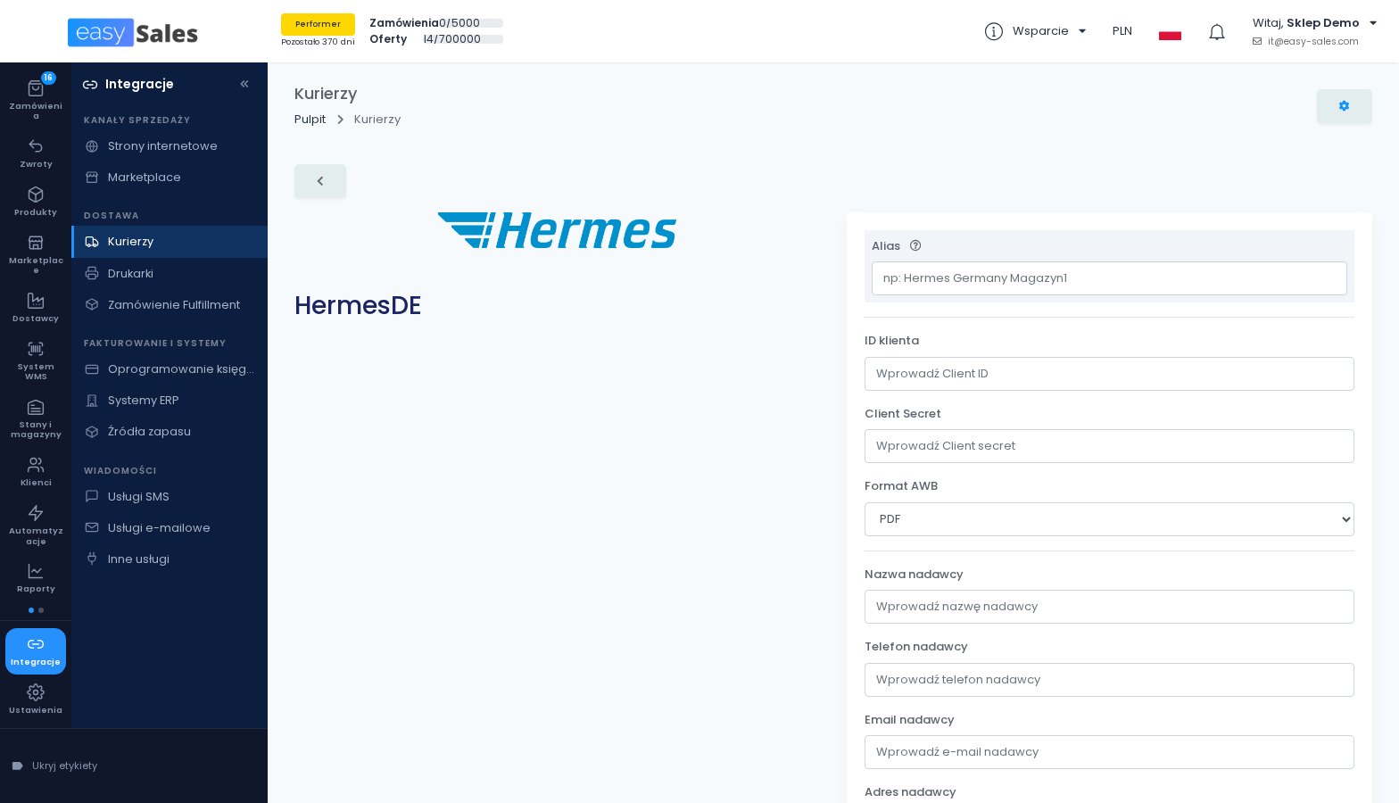 Kliknij, aby powiększyć Formularz połączenia z kurierem Hermes Niemcy w easySales