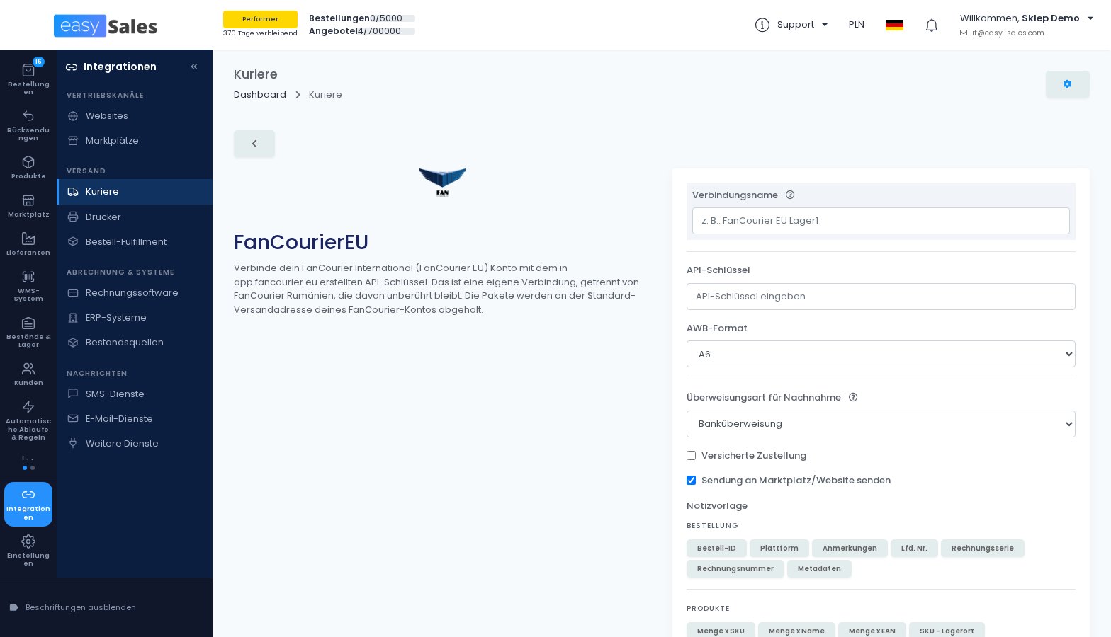 Das Verbindungsformular für FAN Courier International in easySales